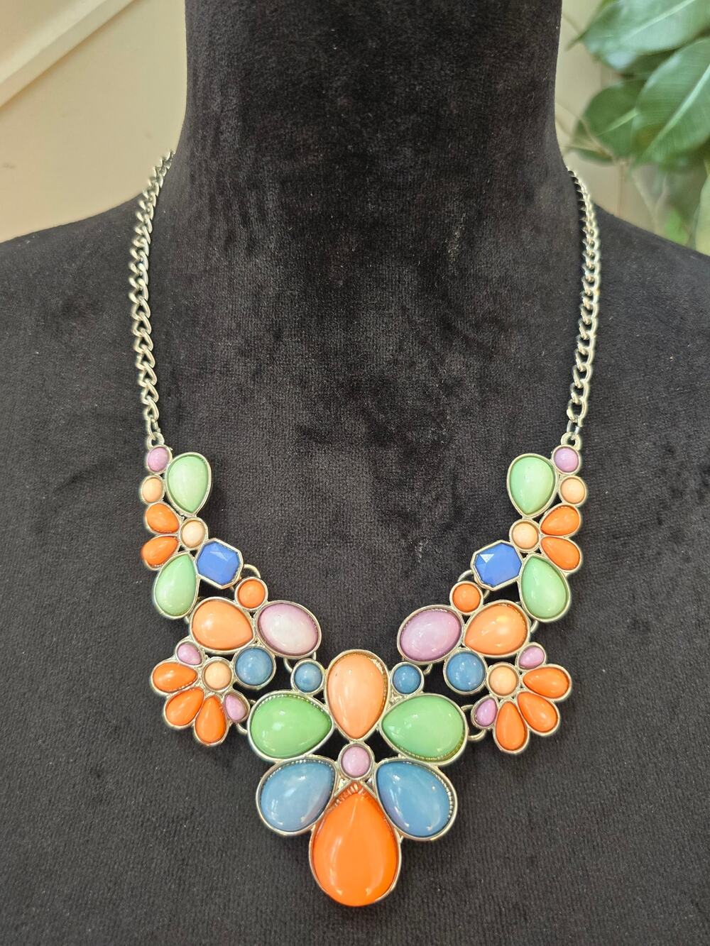 Colorful Floral Bib Statement Necklace Orange Blue Green Pink